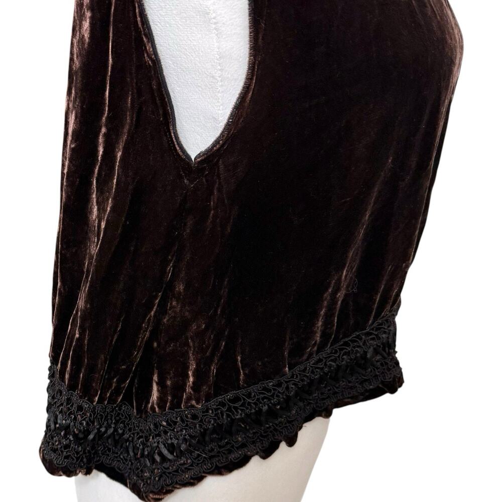 VTG 100% Silk Velvet Lace Trim Boho Y2K Crop Top Dark Brown Sleeveless Festival - Picture 3 of 10